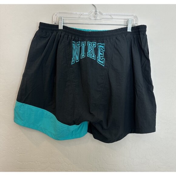 RARE VTG 90s‎ Nike Spellout Swoosh Nylon Black Teal  Swim Trunks Shorts XL - Picture 1 of 9